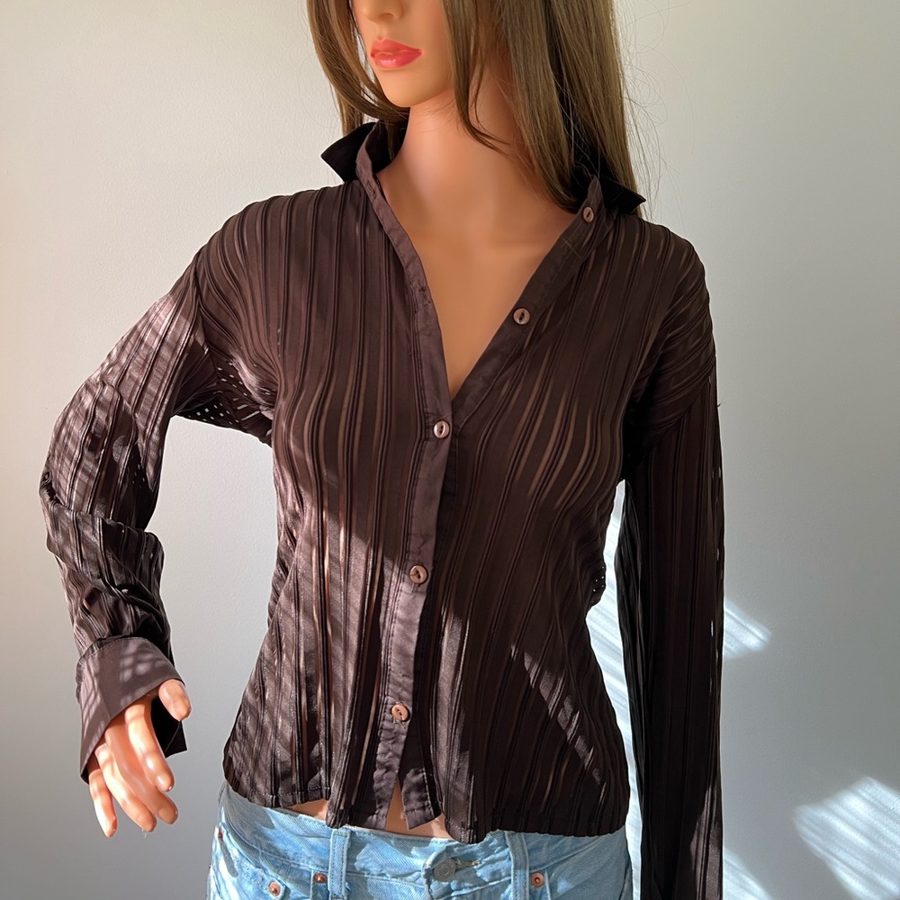 ❌SOLD❌Y2K brown sheer button up blouse